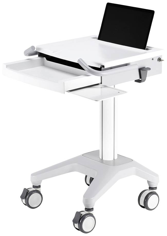 Chariot d'ordinateur portable avec tiroir extractible, adapté aux stations de travail mobiles. Comprend un plateau pour ordinateur portable et des roulettes pour un déplacement facile.