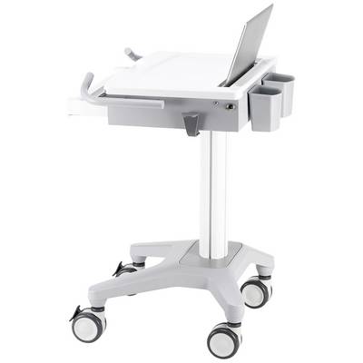 Chariot médical blanc sur roulettes avec un ordinateur portable et deux supports de gobelets gris, utilisé pour la documentation mobile dans les hôpitaux.