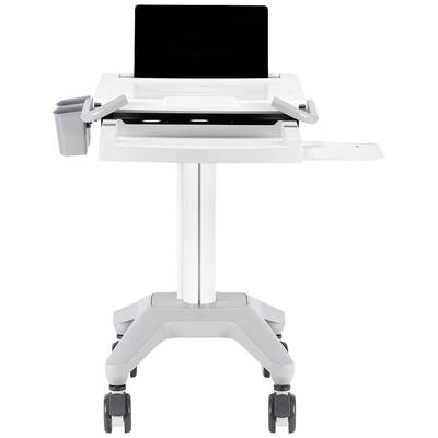 Un bureau d'ordinateur mobile avec un ordinateur portable, un tiroir extractible et un support pour accessoires, monté sur roulettes, conçu pour une utilisation flexible au bureau.