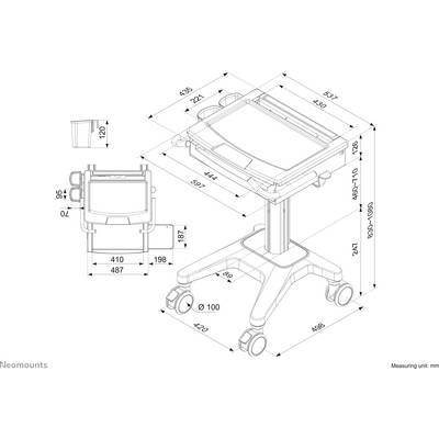 Dessin technique d'un chariot de surveillance mobile avec indications dimensionnelles. Le chariot dispose de composants ajustables et de roues pour une mobilité optimale.