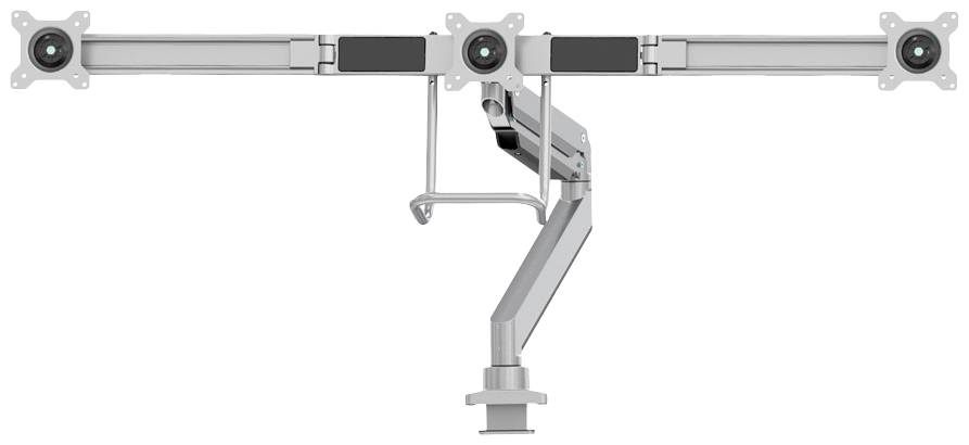 Un bras de moniteur argenté, réglable en hauteur, avec quatre supports, adapté à plusieurs écrans, fixé par une pince de bureau.