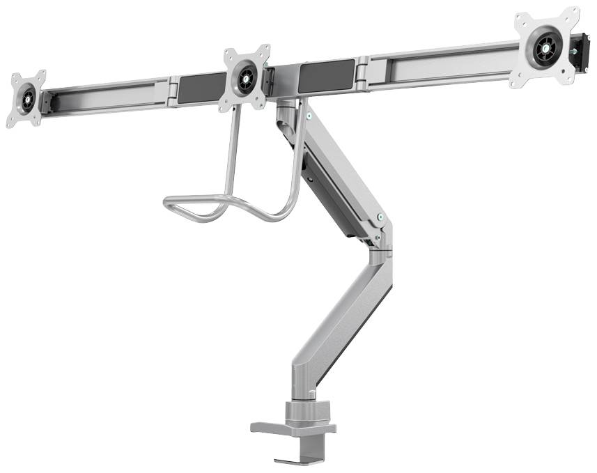 Support de moniteur avec trois points de fixation, bras articulé et pince de fixation pour bureau. Adapté pour plusieurs écrans.