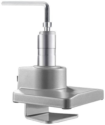 Support de table métallique pour bras de moniteur ou appareils, avec un mécanisme de fixation rotatif permettant un positionnement flexible sur les bureaux.