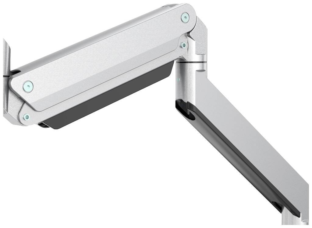 Un bras de moniteur argenté et réglable avec des articulations, qui peut être fixé sur un bureau. Permet un positionnement flexible de l'écran.
