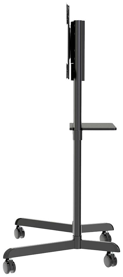 Un support de télévision noir réglable en hauteur, monté sur roulettes, vu de côté. Adapté pour les bureaux ou les présentations.