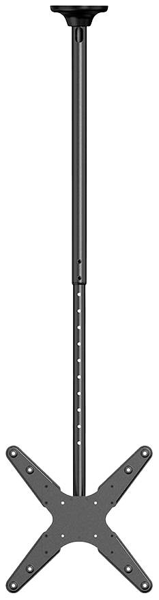 Un support de plafond ajustable noir pour moniteurs ou projecteurs, avec une longue tige et une base en croix.