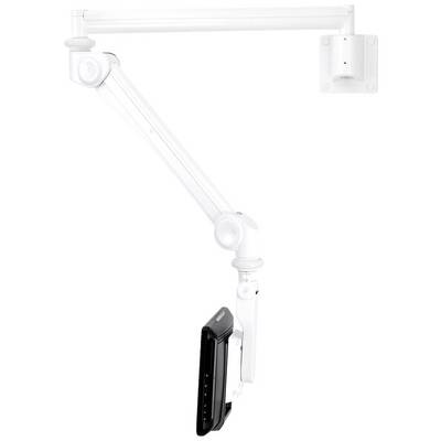 Image d'un bras mural blanc et ajustable avec support pour un moniteur. Le bras dispose de plusieurs articulations permettant un positionnement flexible.