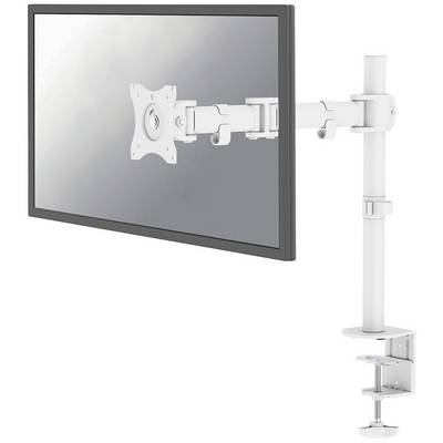 Un bras de moniteur ajustable en blanc est fixé à une table pour tenir un écran de manière flexible. Idéal pour un travail ergonomique.