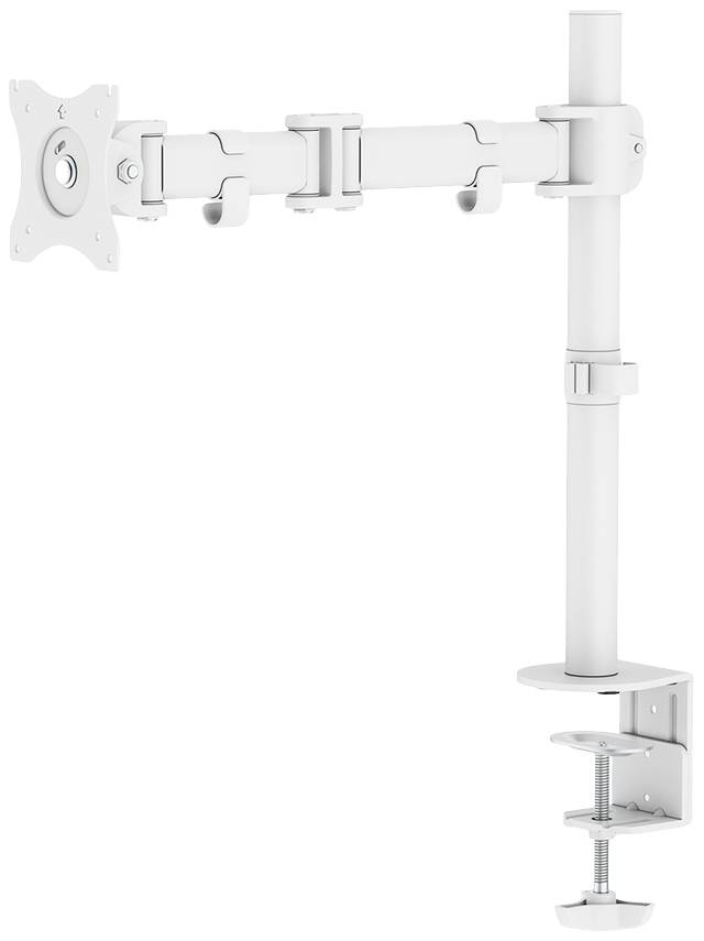 Bras de moniteur blanc en métal, fixé à une table ; offre des possibilités de réglage flexibles pour les écrans.