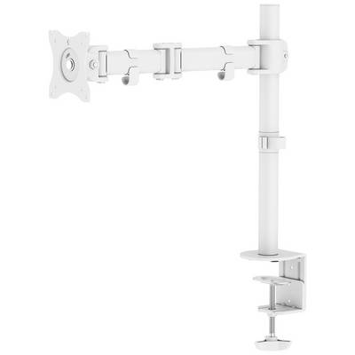 Bras de moniteur blanc en métal, fixé à une table ; offre des possibilités de réglage flexibles pour les écrans.
