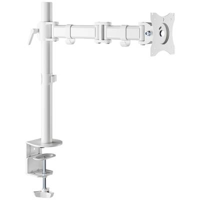 Support de moniteur blanc réglable à fixer sur une table. Comprend un bras articulé et une pince de fixation.