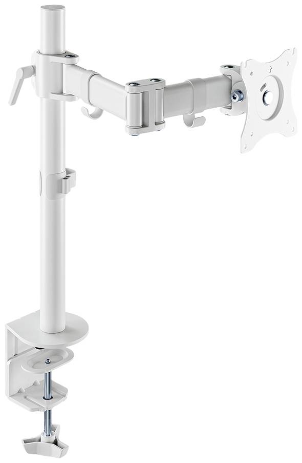Support de moniteur blanc avec bras réglable et pince de fixation pour bureau. Adapté pour un positionnement flexible de l'écran.