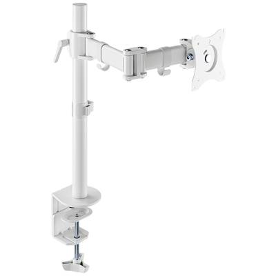 Support de moniteur blanc avec bras réglable et pince de fixation pour bureau. Adapté pour un positionnement flexible de l'écran.