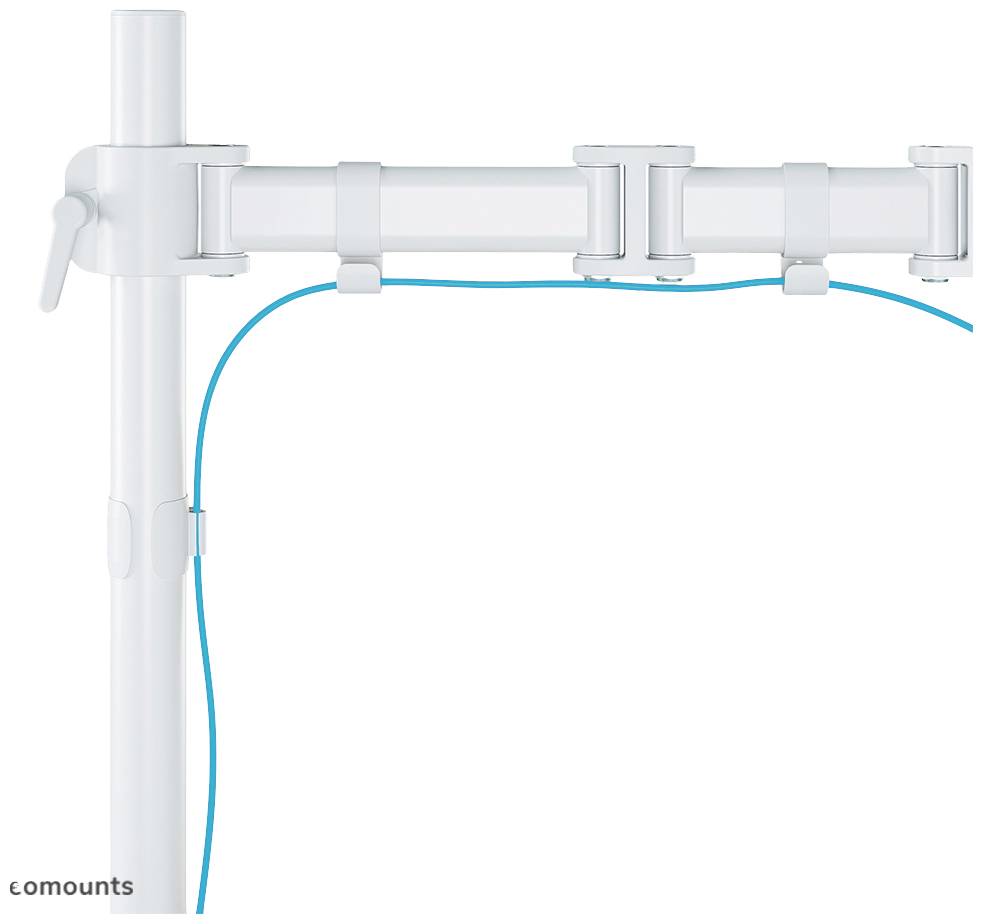 Un bras de moniteur blanc et réglable fixé à un support vertical, avec un câble bleu qui court le long du support.