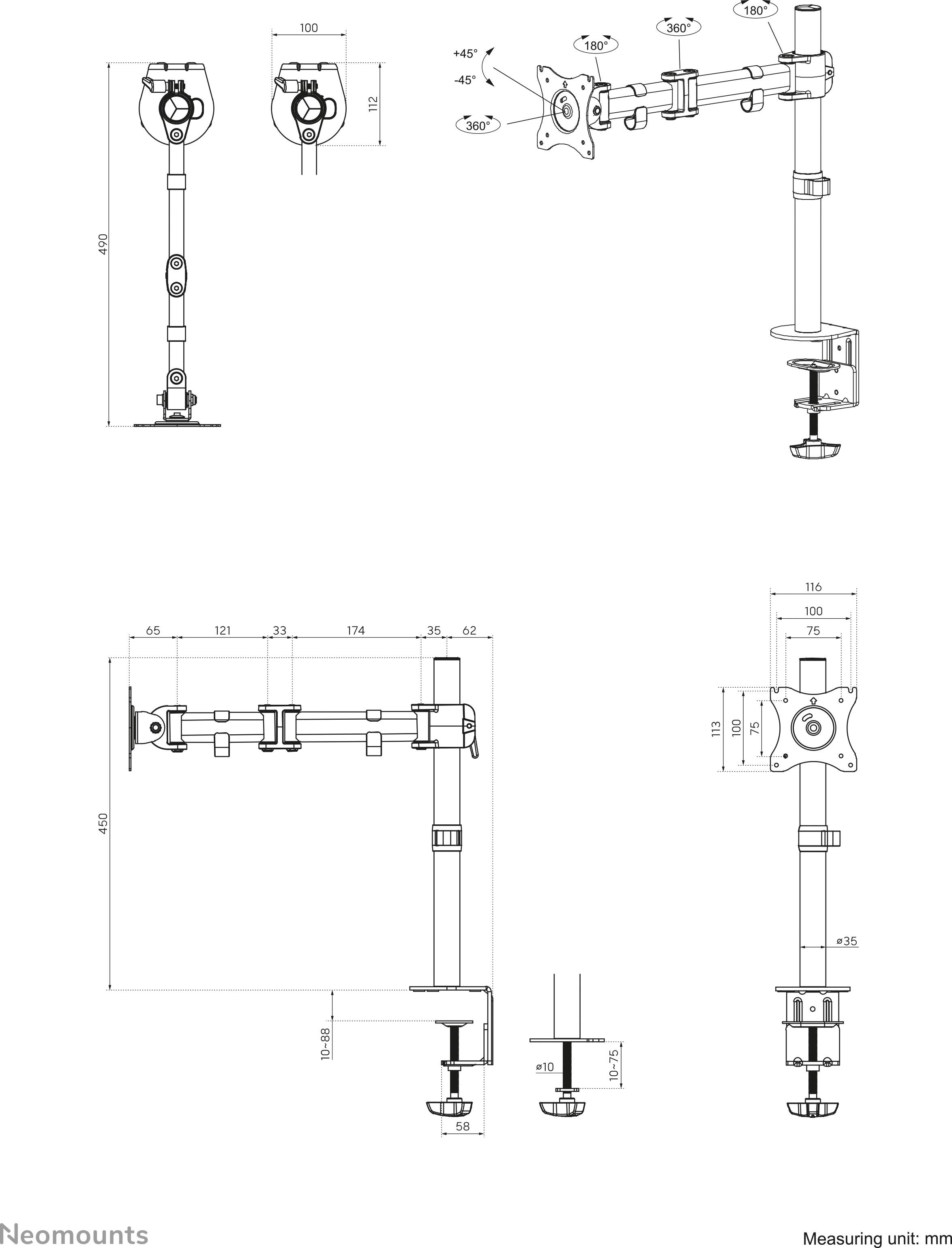 Dessin technique d'un bras de moniteur avec fixation par pince. Dimensions, angles de rotation et d'inclinaison sont indiqués, en millimètres.