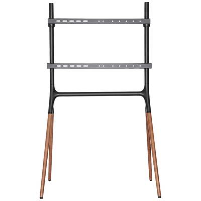 Support TV en noir avec deux supports horizontaux, monté sur quatre pieds en bois. Adapté pour un espace de vie moderne.