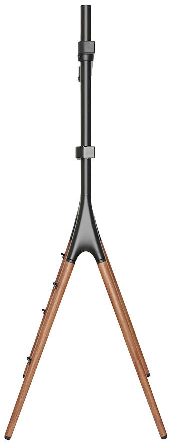 Support multifonction avec pieds en bois et zone métallique noire, adapté à divers usages de présentation ou comme support d'instruments.