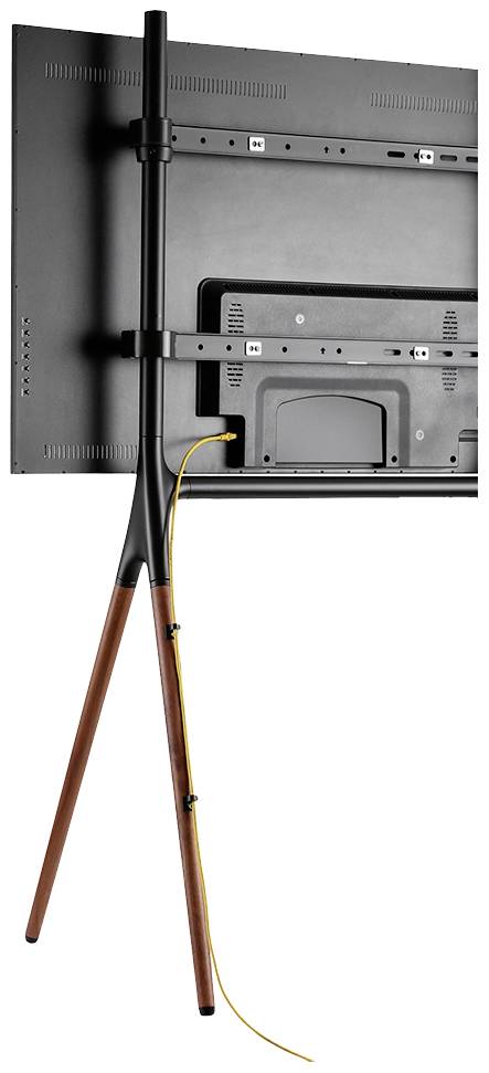 Un téléviseur plat est monté sur un support élégant à trois pieds. Un câble jaune pend de manière ordonnée.