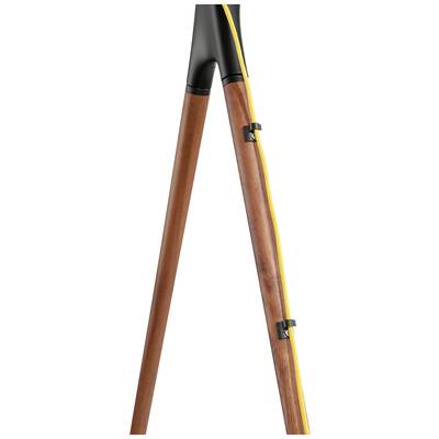 Trépied avec pieds en bois et câble jaune.