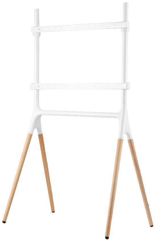 Support TV blanc avec pieds en bois, adapté aux écrans plats. Style moderne et minimaliste. Idéal pour le salon.