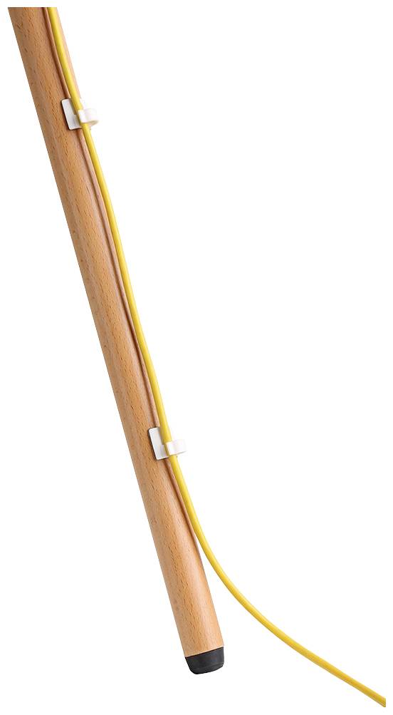 Tige en bois avec un câble jaune fixé par des clips.