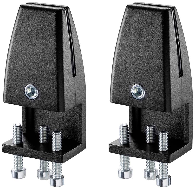 Deux pinces noires en métal avec des vis, pouvant être utilisées comme supports pour des plaques de verre ou des applications similaires.