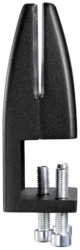 Un support noir avec deux vis de fixation. Le support possède une encoche et est fabriqué en métal.