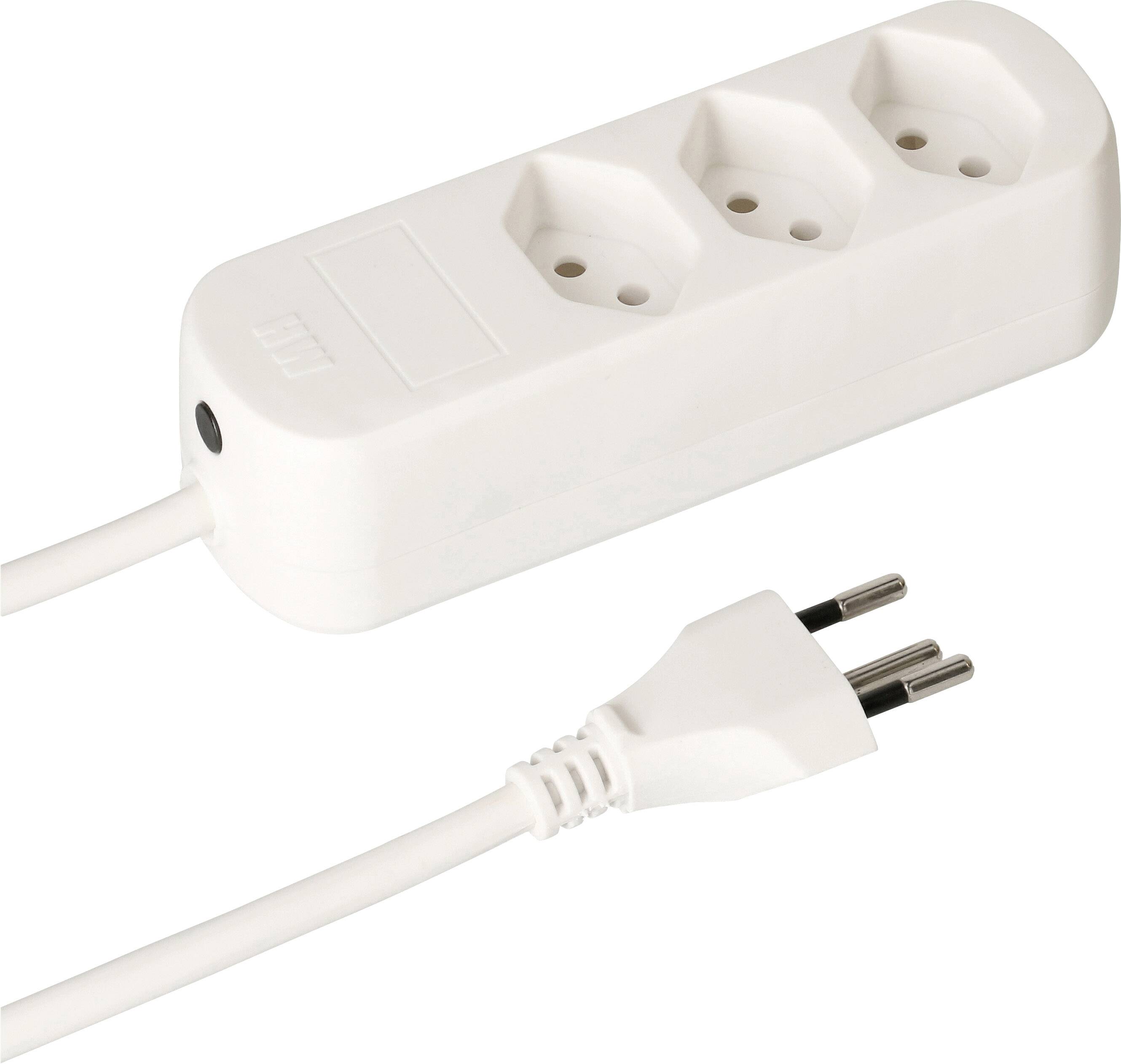 Un adaptateur secteur blanc à trois prises, avec une fiche bipolaire, avec des emplacements adjacents visibles.