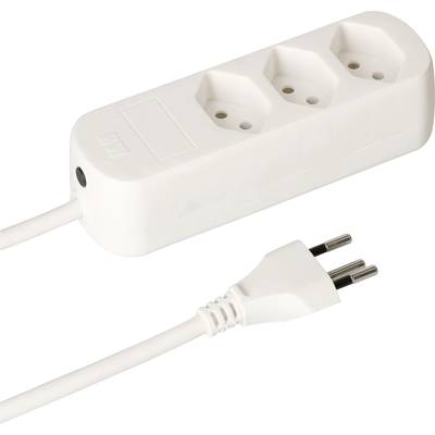 Un adaptateur secteur blanc à trois prises, avec une fiche bipolaire, avec des emplacements adjacents visibles.