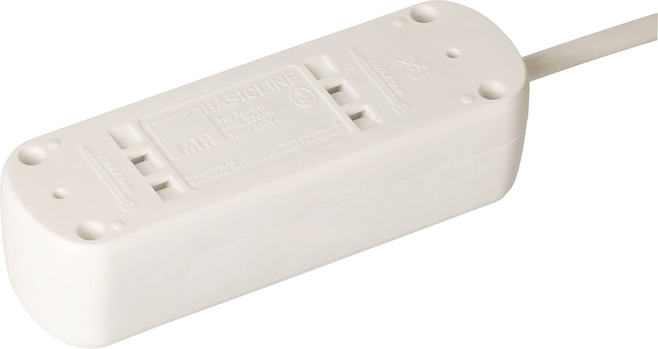 Un adaptateur électrique blanc avec plusieurs prises et un câble.