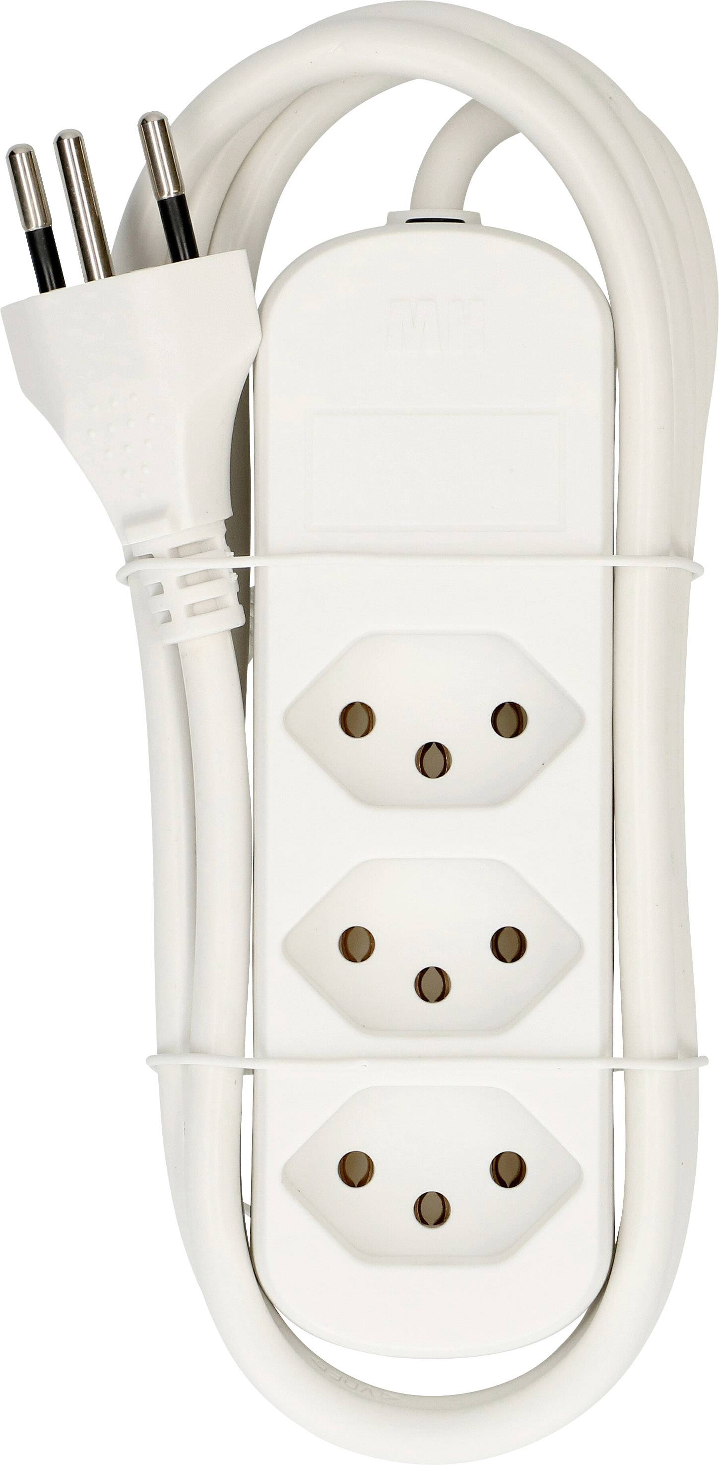 Une multiprise blanche à deux emplacements avec un câble.