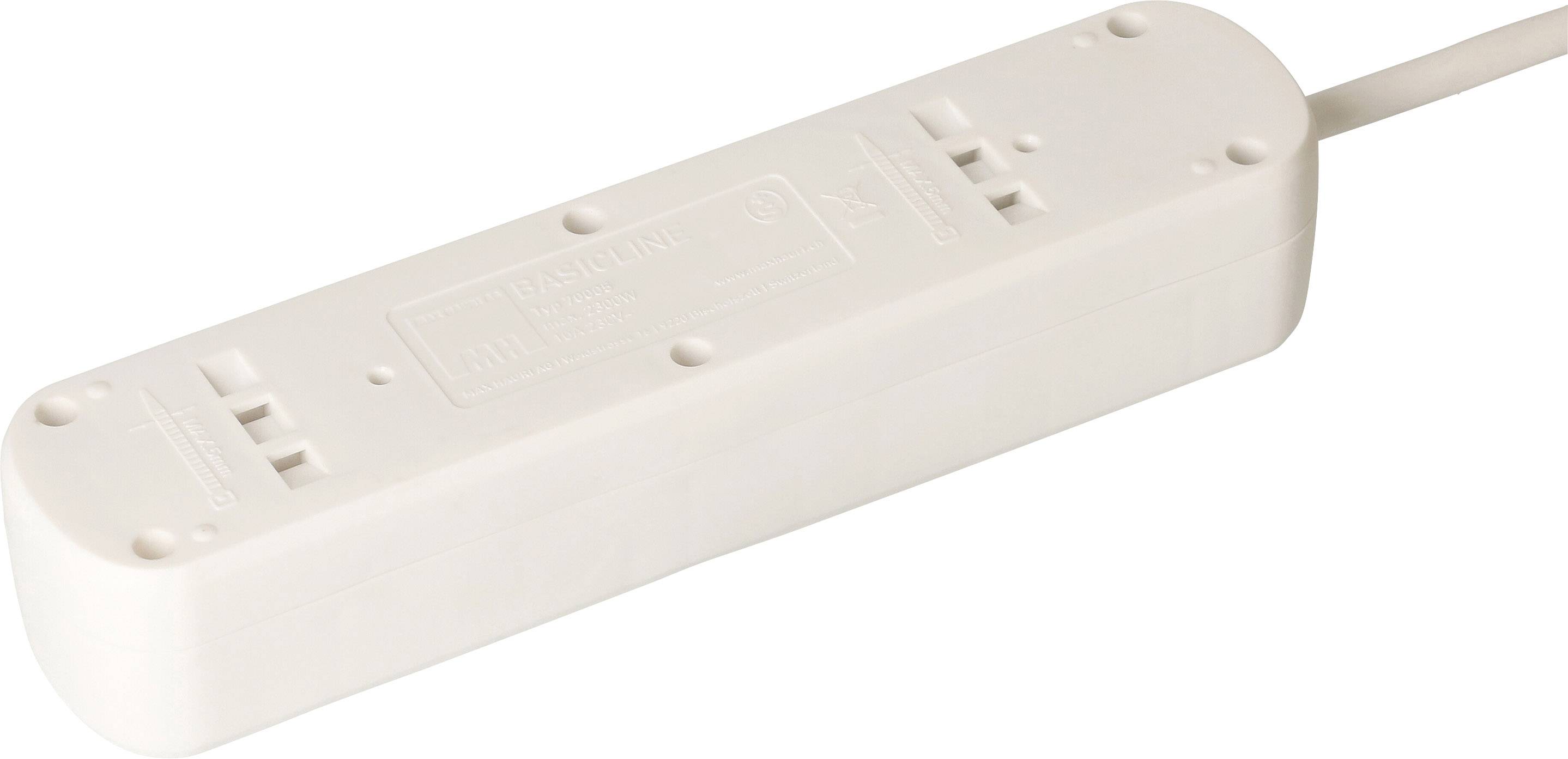 Une barrette d'alimentation blanche avec deux emplacements et un câble sur le côté droit.