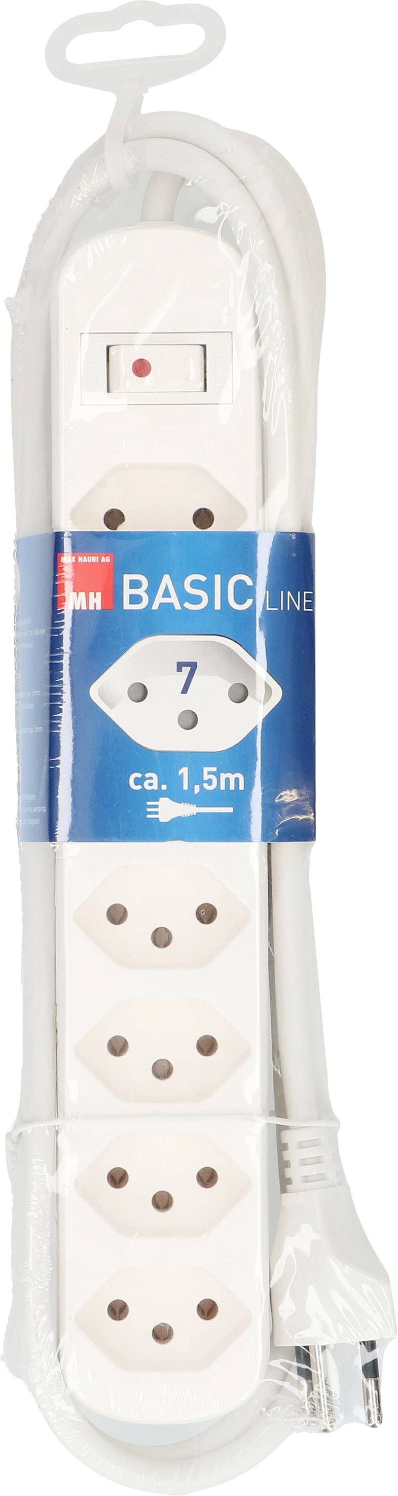 Bloc multiprises blanc avec sept prises et interrupteur marche/arrêt, câble de 1,5 m. Inscription 'Basic Line'.