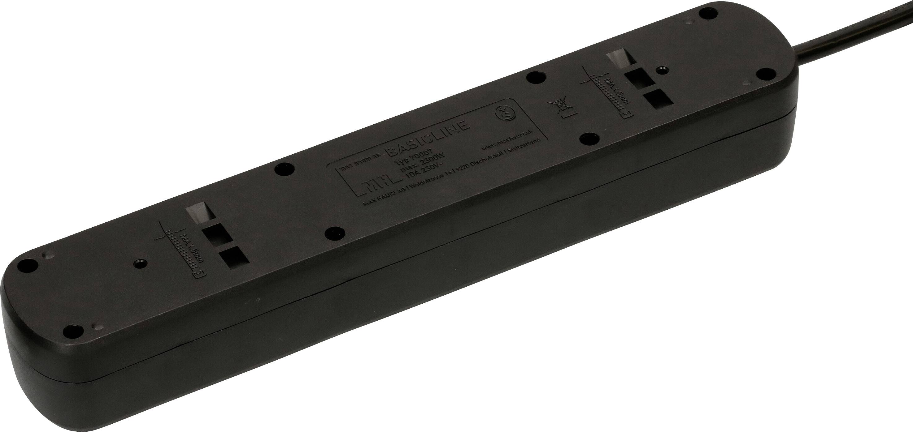 'Bloc multiprises noir avec plusieurs emplacements et long câble, adapté pour connecter plusieurs appareils électriques.'