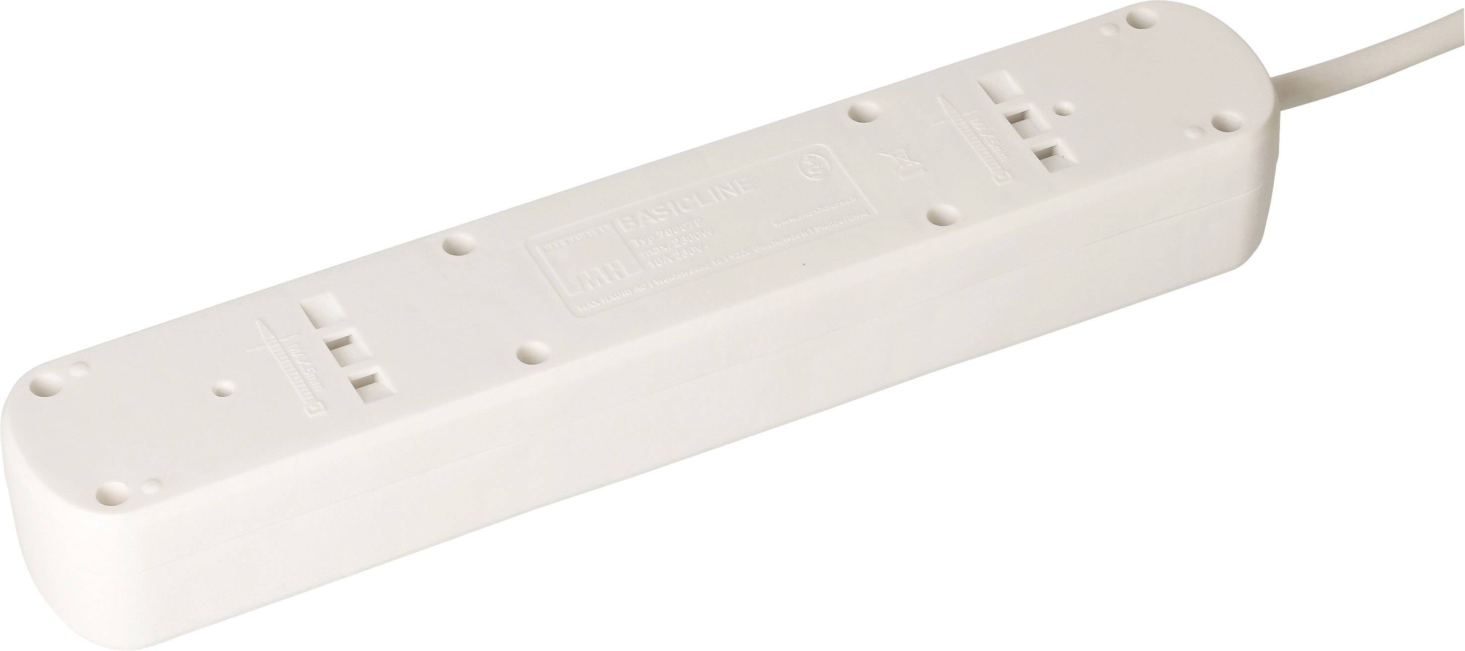 Multiprise en plastique blanc avec six emplacements pour connexions électriques et un câble.
