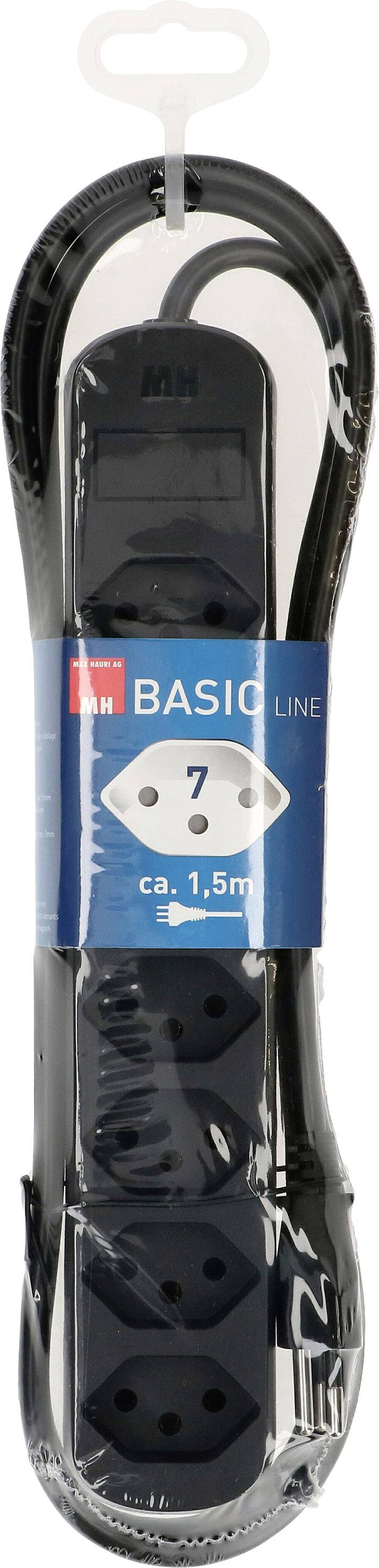 Bloc multiprises noir de la 'Basic Line' avec sept emplacements, longueur de câble d'environ 1,5 mètre, dans un emballage transparent.