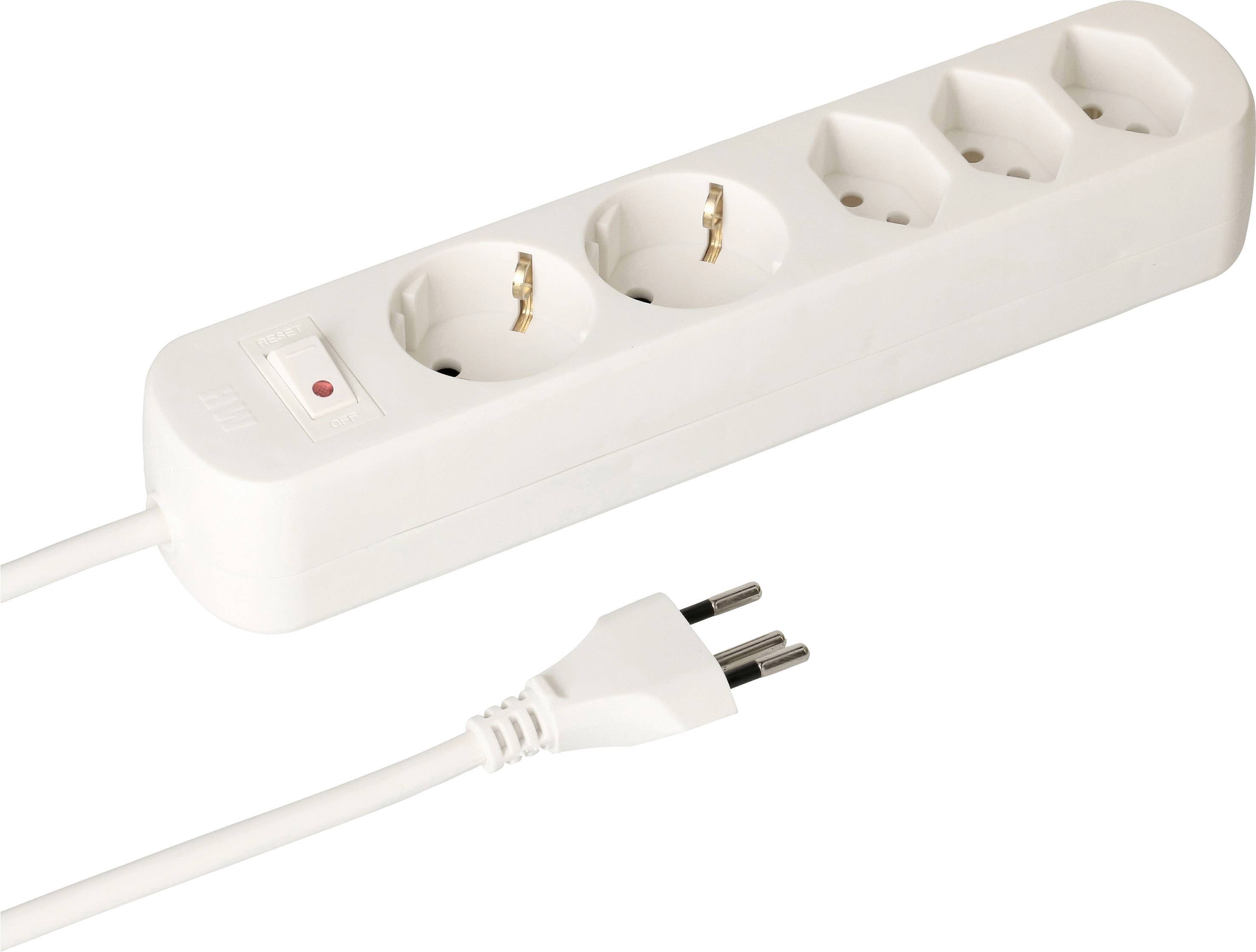 Une barrette multiprises blanche avec quatre emplacements et un interrupteur. Un câble secteur avec une fiche bipolaire est relié à la barrette.