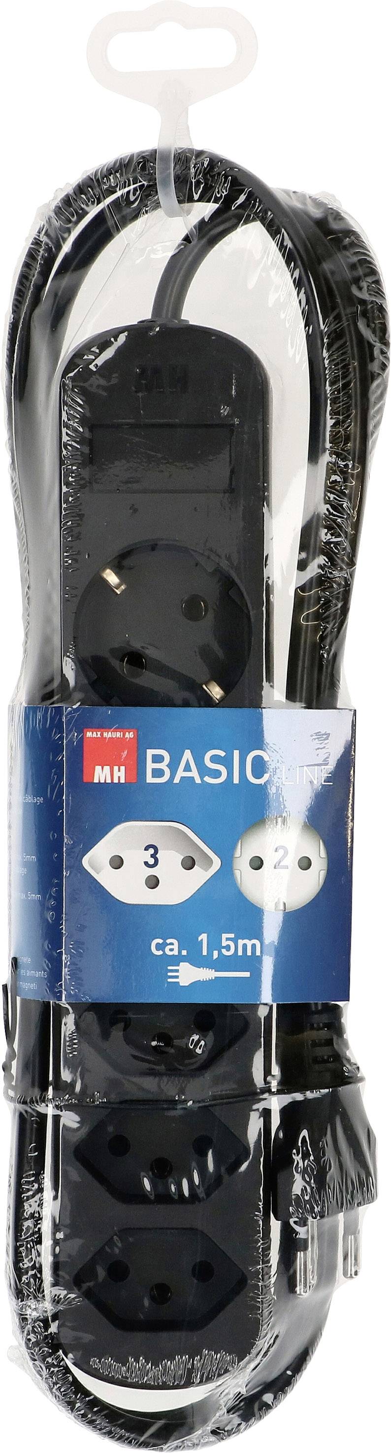 L'illustration présente une multiprise noire à 3 prises de la marque 'Basic', avec un câble d'environ 1,5 m, emballée dans un film transparent.