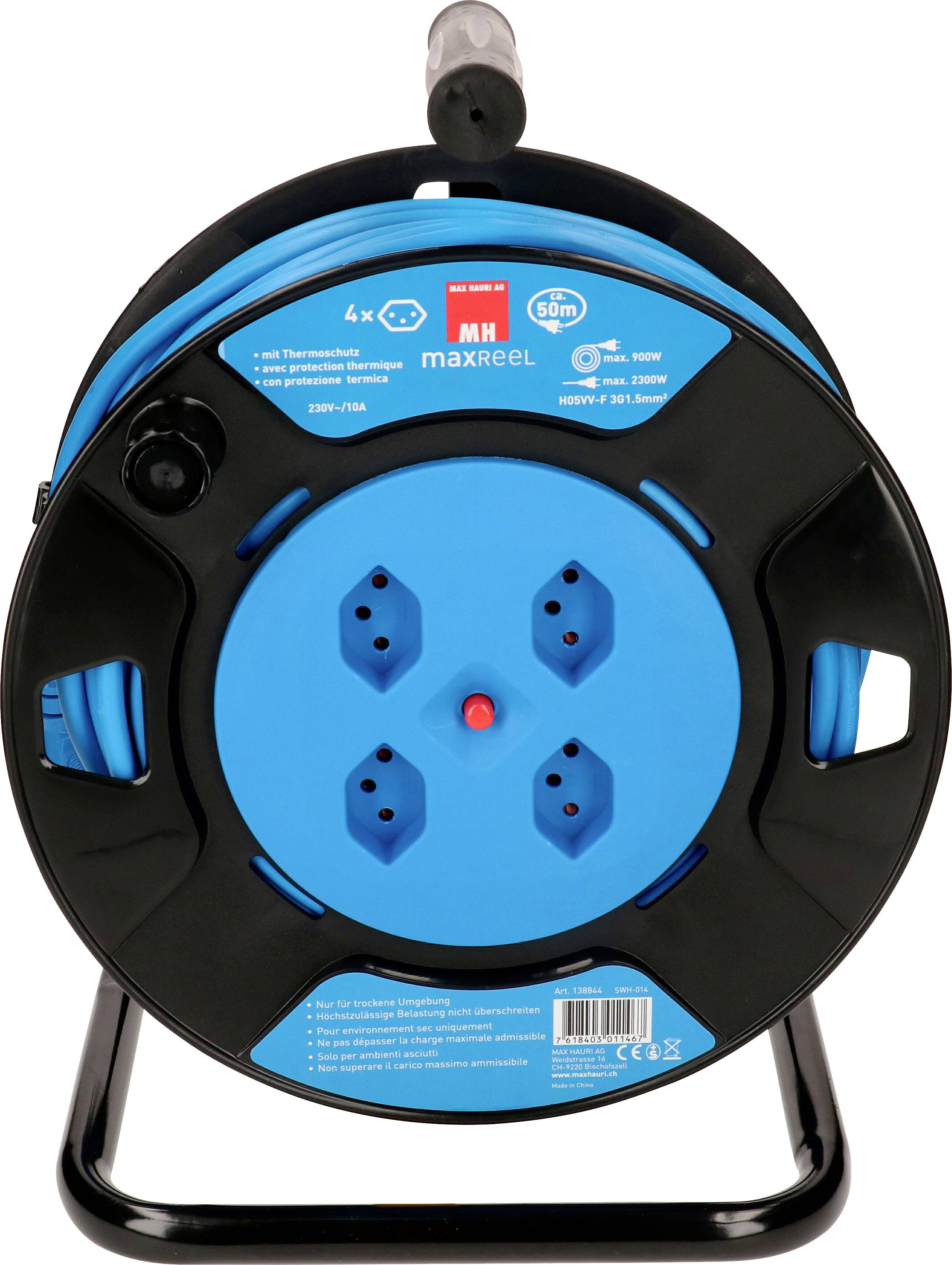 Une bobine de câble bleue avec quatre prises et une longueur de 50 mètres. Elle est conçue pour un courant maximal de 13A et une tension de 250V.