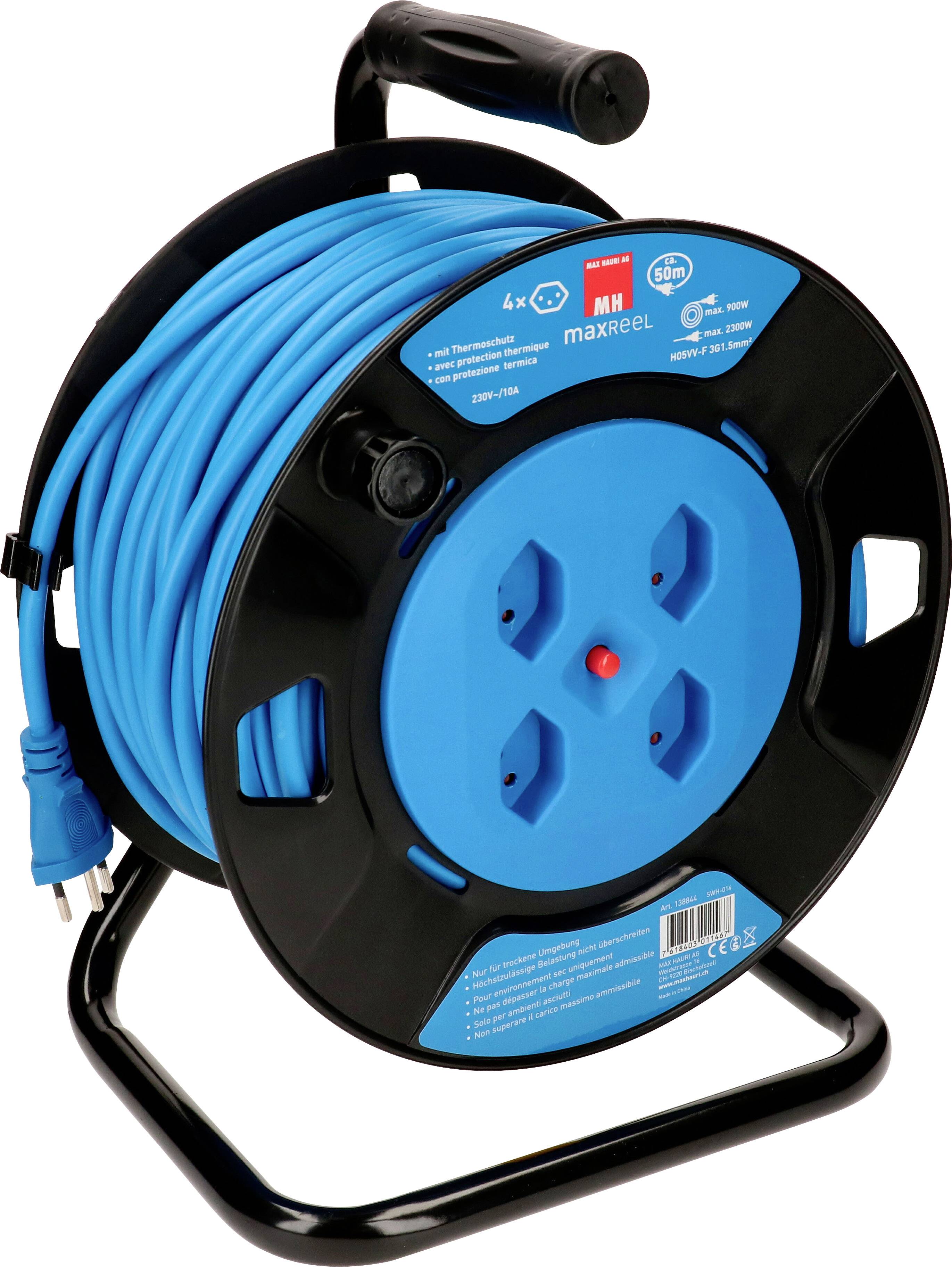 Tambour de câble noir avec câble bleu et quatre prises électriques. Adapté pour l'intérieur, poignée de transport en haut, étiquette bleue avec détails techniques.