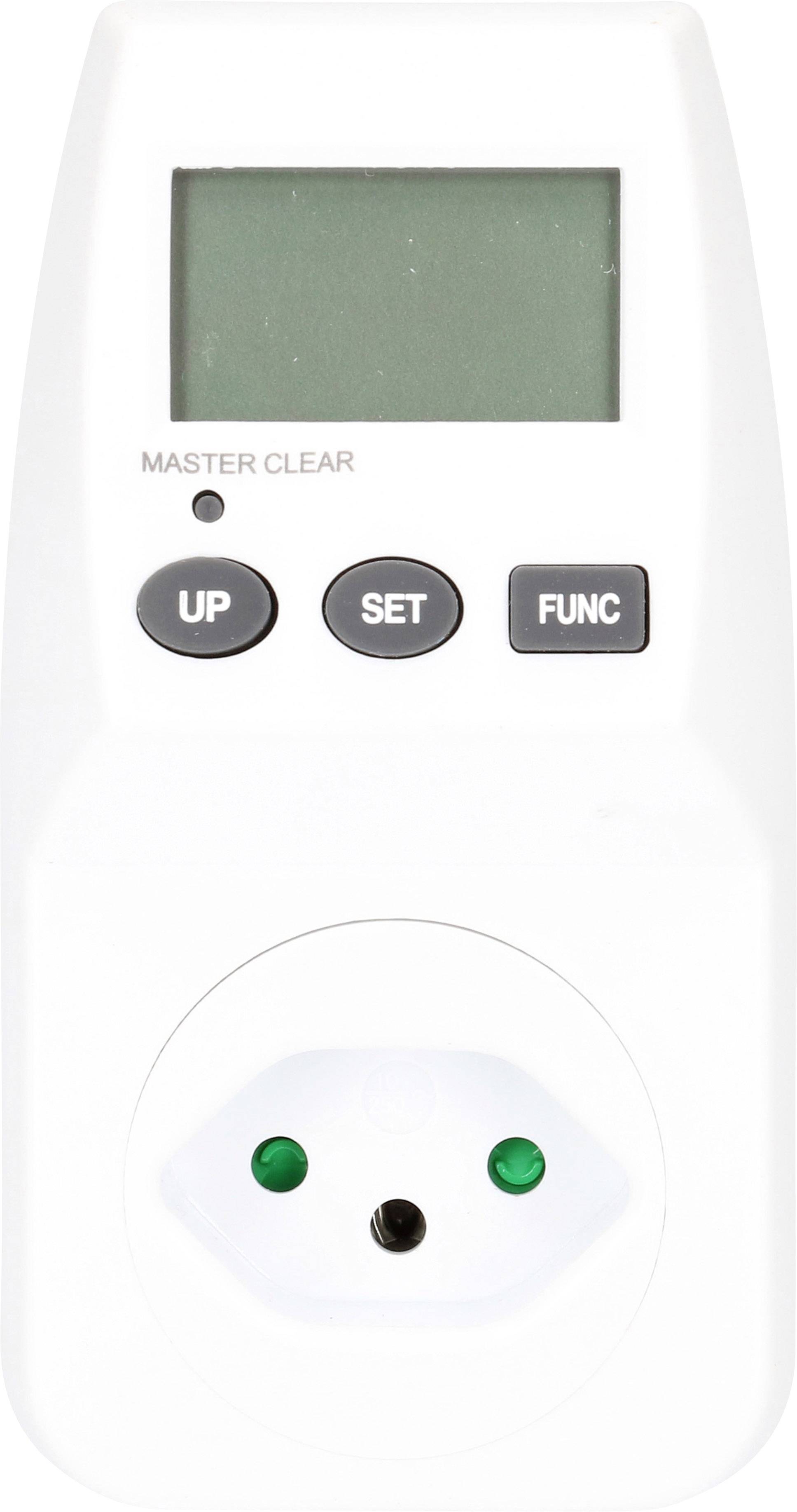 Un compteur électrique numérique avec affichage LCD et trois touches ('HAUT', 'RÉGL', 'FONCT') pour le contrôle, avec une prise électrique en dessous.
