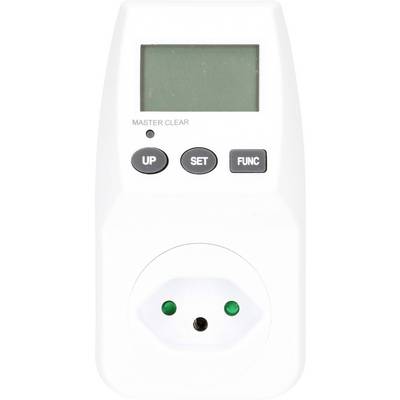 Un compteur électrique numérique avec affichage LCD et trois touches ('HAUT', 'RÉGL', 'FONCT') pour le contrôle, avec une prise électrique en dessous.