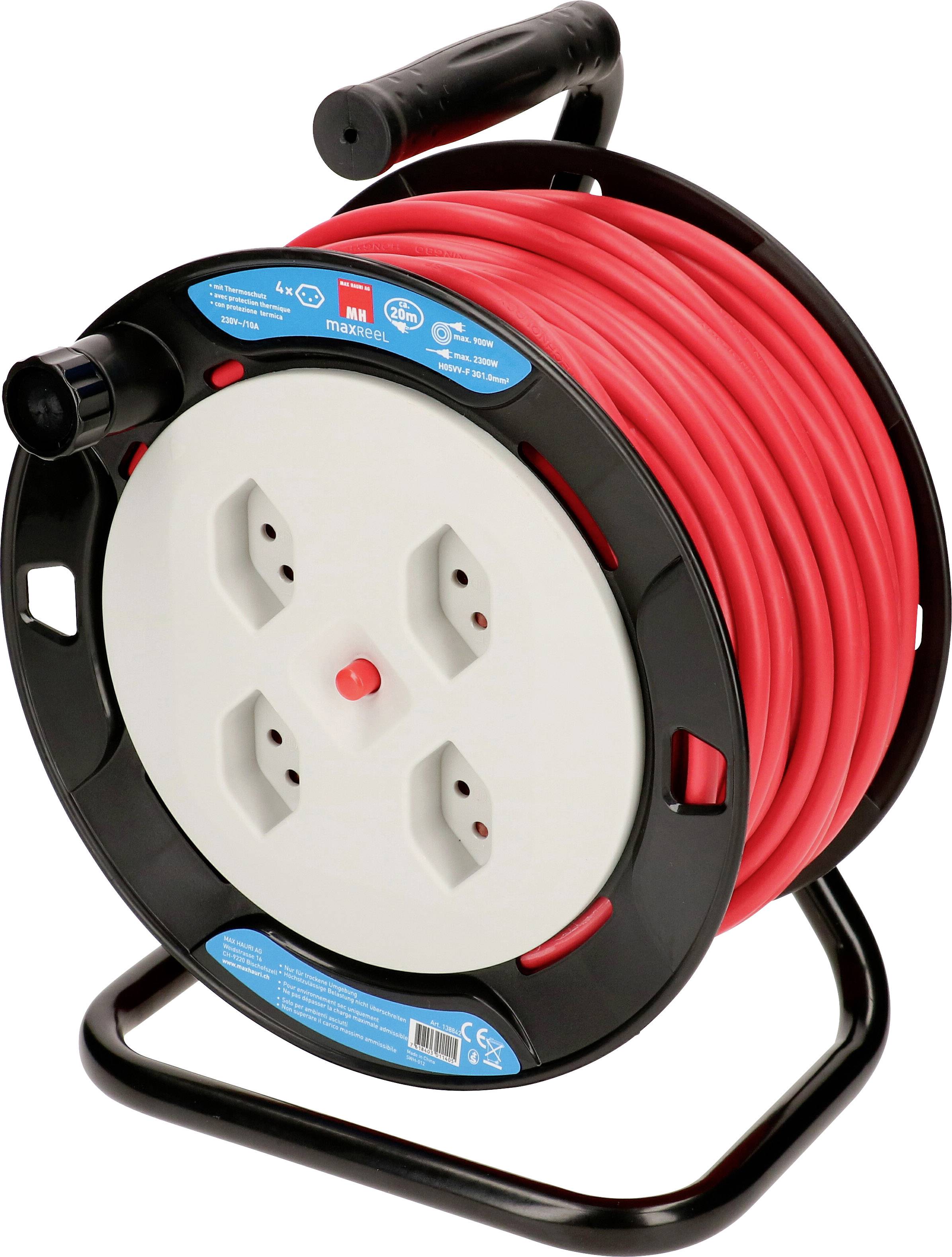 Un câble de rallonge rouge sur un enrouleur de câble noir avec quatre prises, adapté pour une utilisation en intérieur.