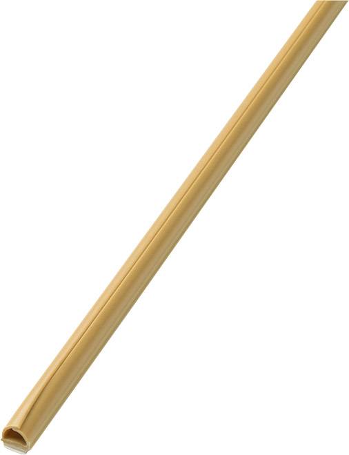 Une longue bande étroite marron en plastique, vue en diagonale, pouvant être un joint d'étanchéité ou un goulotte de câblage.