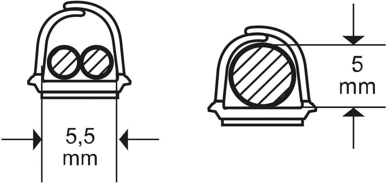 Coupe transversale d'un câble double avec capuchon de protection. Dimensions indiquées : 5,5 mm et 5 mm.