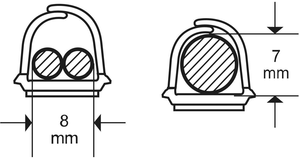 Dessin technique d'une fiche bipolaire. À gauche : vue de dessus avec deux contacts circulaires, largeur 8 mm. À droite : vue latérale, hauteur 7 mm.