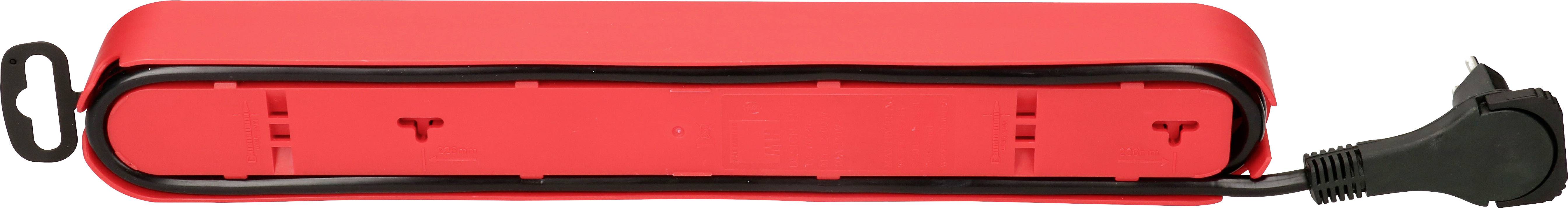 Barrette multiprises rouge avec câble noir, quatre emplacements et interrupteur, conçue pour fournir un accès électrique supplémentaire et une meilleure organisation.