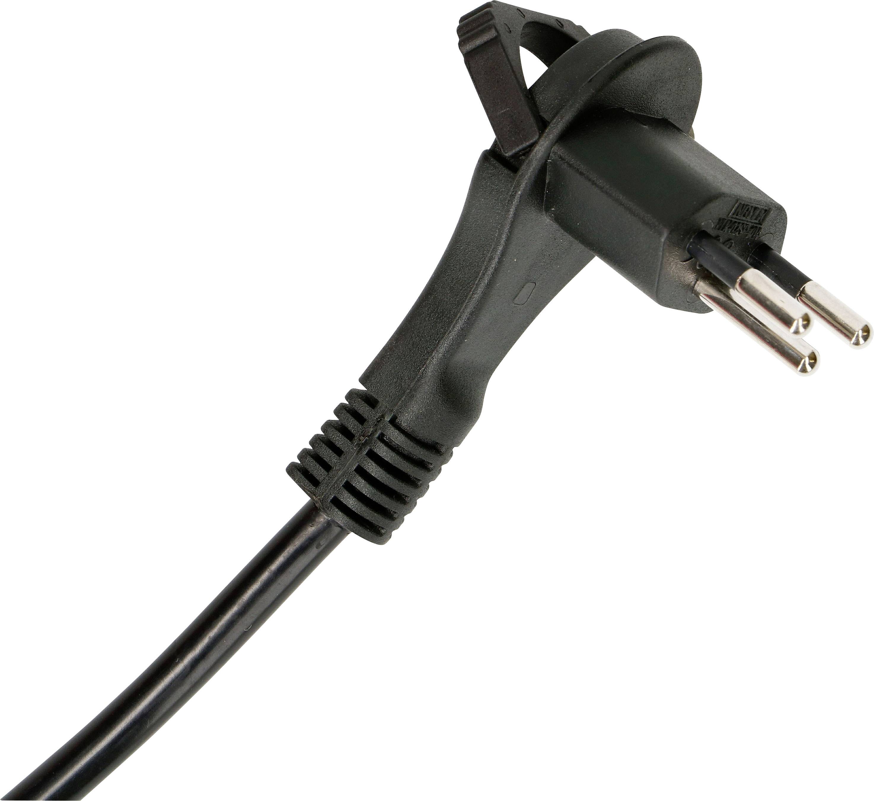 Câble réseau noir avec fiche coudée à trois broches, adapté aux appareils électroménagers ou à l'électronique, sur fond blanc.
