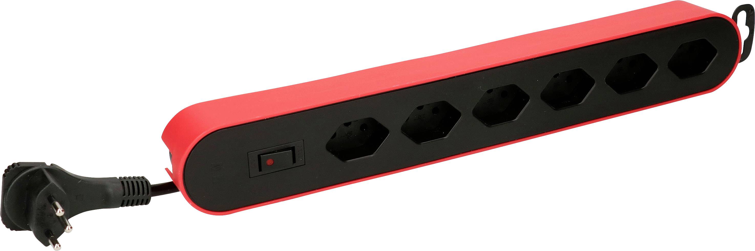 Une barrette multiprises rouge avec six emplacements et un interrupteur marche/arrêt sur le côté gauche.