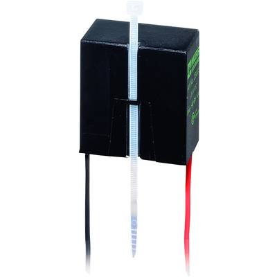 Un composant électrique noir avec des câbles rouges et noirs. Il possède une pince de câble transparente au centre.